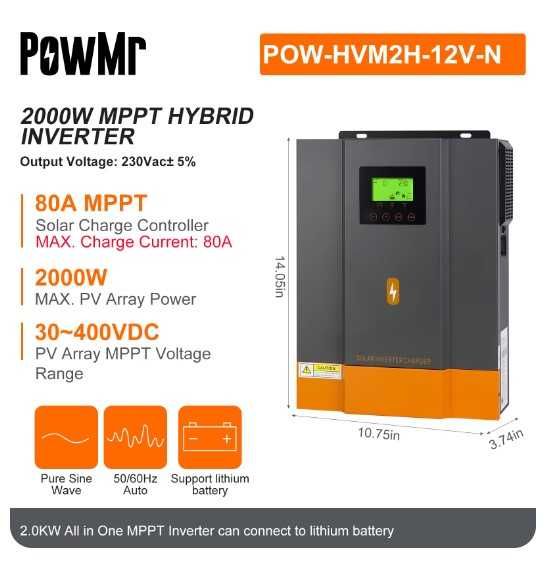 Гібридний інвертор сонячний PowMr 1600W 12V POW-HVM2H-12V-N + модуль Wi-Fi Solar Plug-RWB1