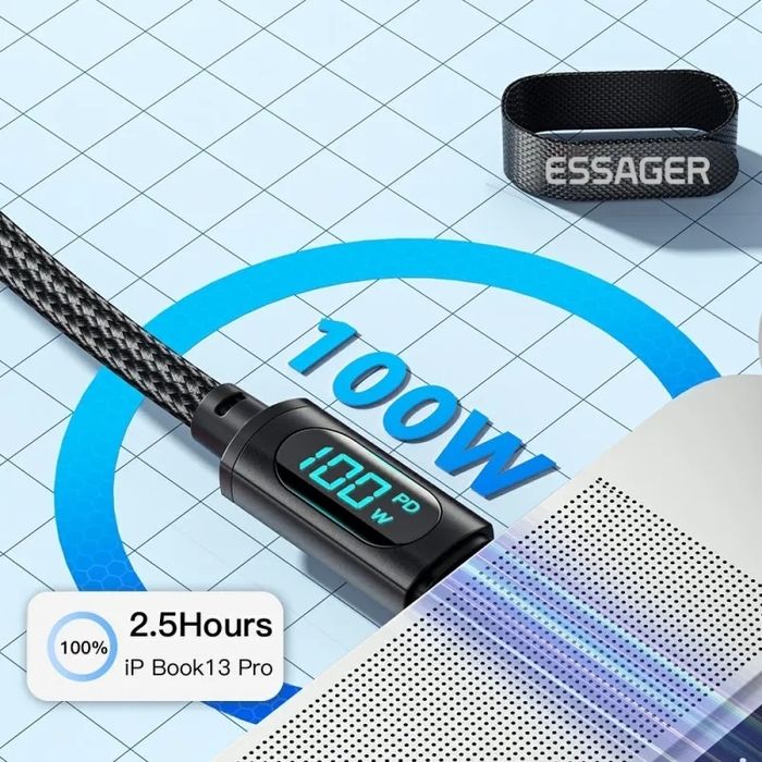 Кабель 100W с дисплеем мощности экраном тайп-си PD ватт тип-це type-c