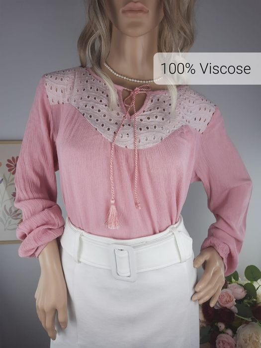 Wiskozowa koszula ażurowa koronkowa muslinowa bluzka pudrowa elegancka