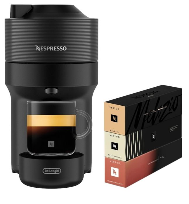 Ekspres DELONGHI Nespresso Vertuo Pop ENV90.B + zestaw kaw + Odkamieniacz do ekspresu NESPRESSO Descaling Kit