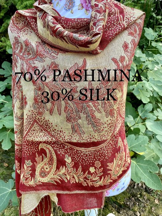 Elegancki szal bordowo-złoty z pashminy i jedwabiu