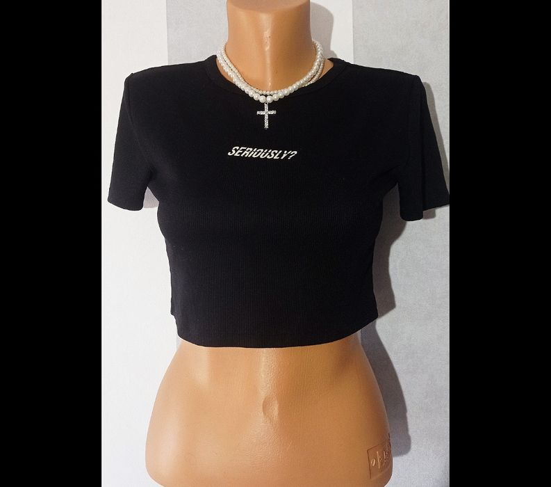 Bluzka krótka czarna z krótkim rękawem crop top prążkowany H&M Divided M