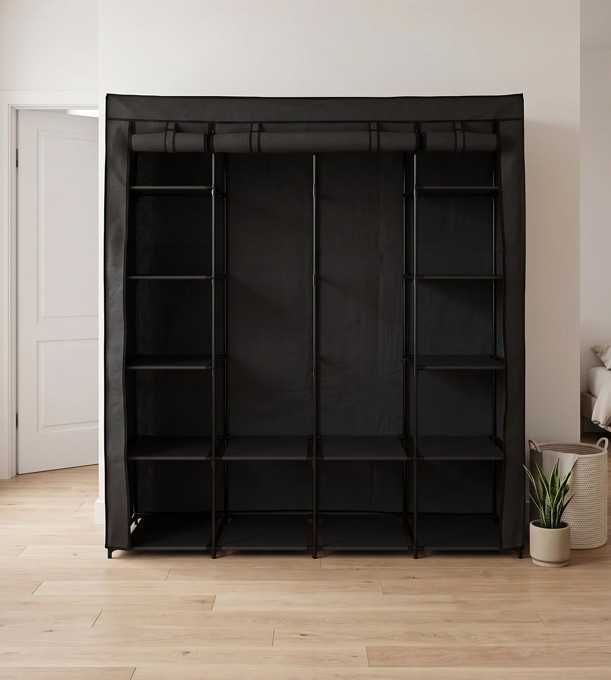Wieszak Szafa Tekstylna Garderoba Materiałowa Organizer Półki Czarny 170x165cm