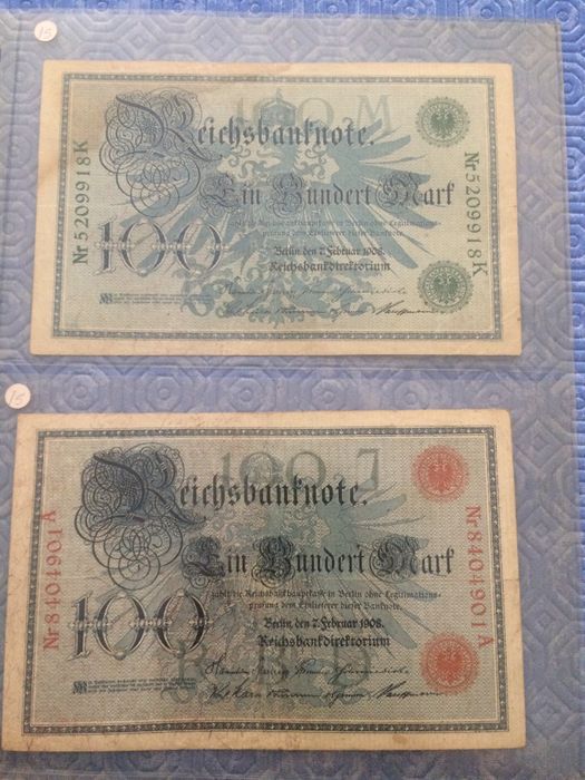 ALEMANHA 2 Nota de 100 Mark Raras 1908 REICHSBANKNOTE MBC. como fotos