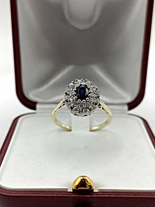 Złoty Pierścionek z szafirem i brylantami 14K 4,63g Certyfikat