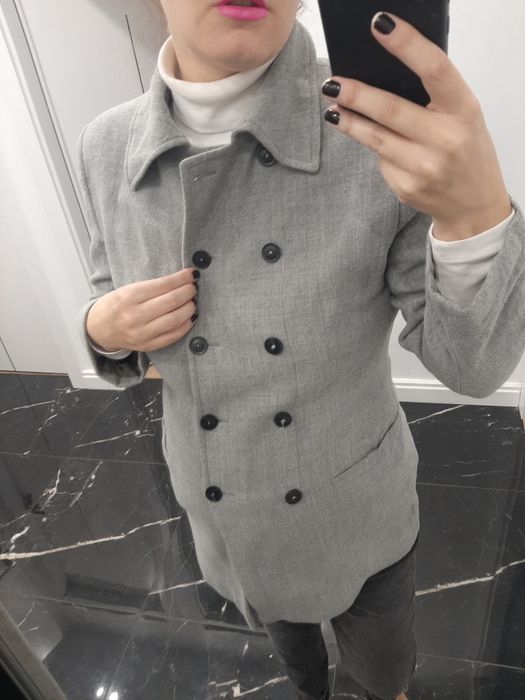 Marynarka płaszcz dwurzędowy wełna wool vintage grey modny elegancki l