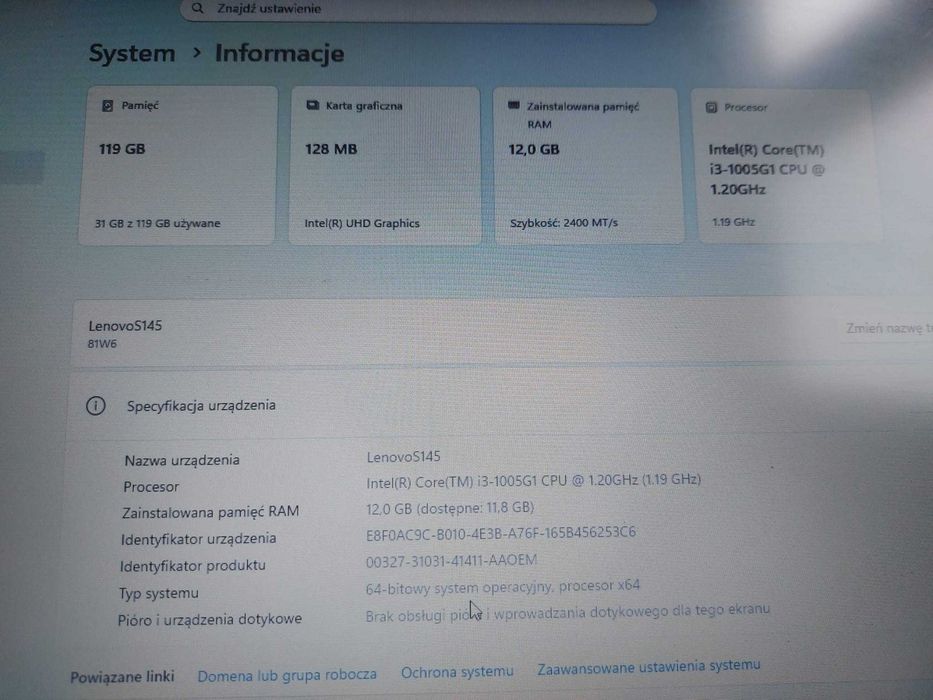 Laptop lenovo i3 10gen. 12Gb M.2 WIn 11