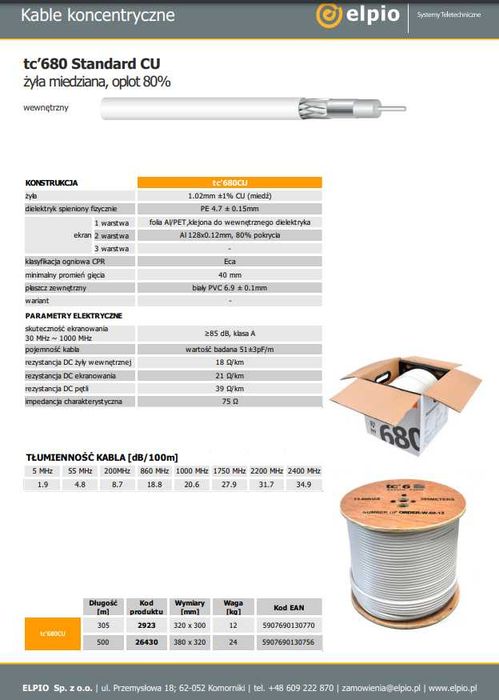 Kabel koncentryczny tc680CU 100m LUB 305m Przewód antenowy