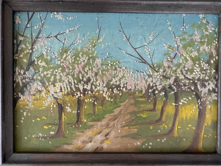 Komplet 3 obrazów olejnych – pejzaż wiejski, styl rustykalny