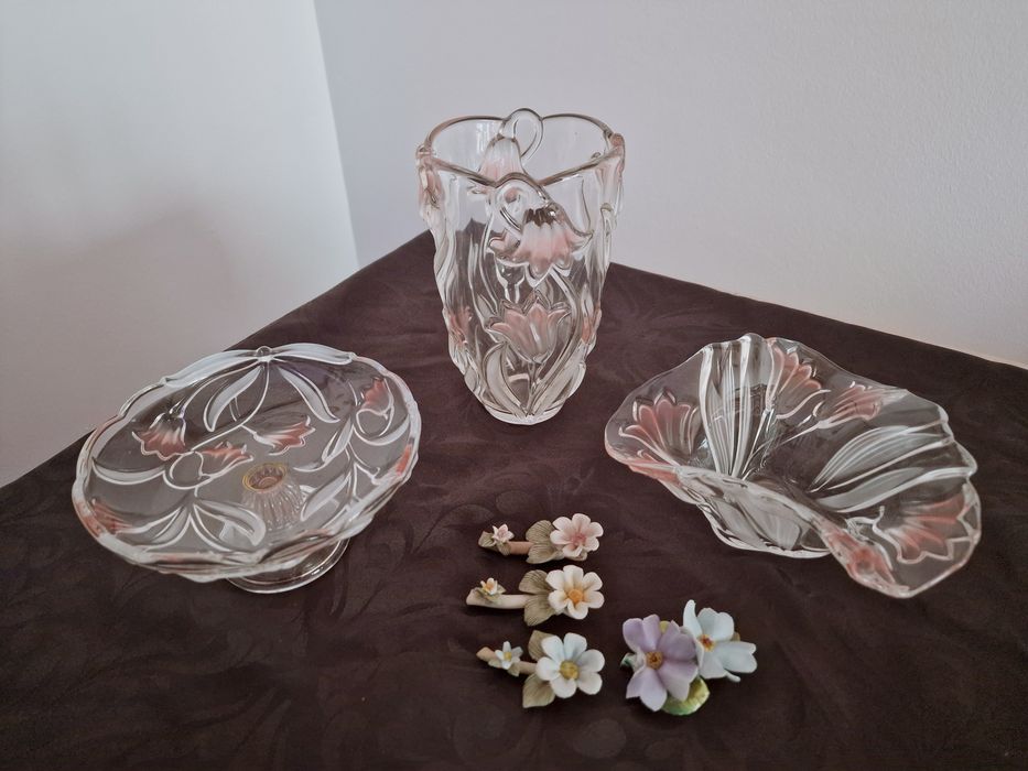 Conjunto Vintage de Cristal Mikasa Germany centro de mesa Tulipas Rosa