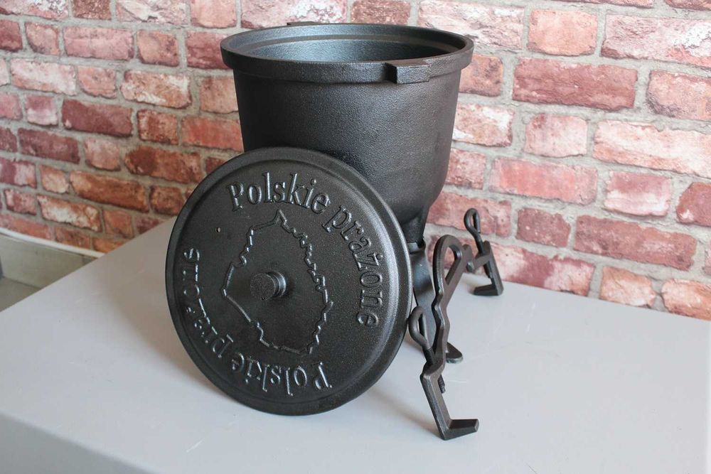 Kociołek żeliwny myśliwski 8L na ognisko Polskie Prażone | stojący garnek na ognisko do gulaszu, bigosu