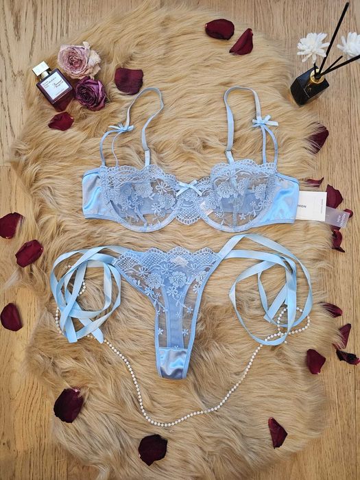 Seksowny komplet błękitny wstążki wiązany kobiecy L