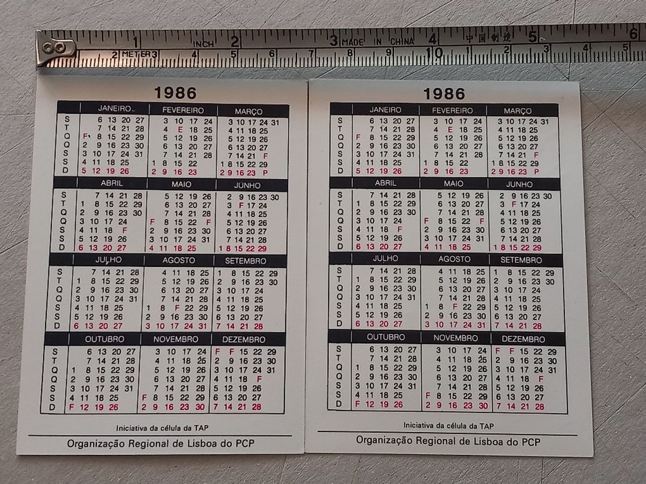 Calendários de Bolso 1986 – Célula TAP  - RARO/ PCP Lisboa (História da Aviação) - PORTES GRÁTIS