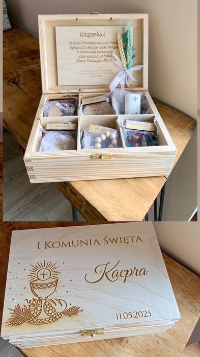 Drewniane pudełko z upominkami.  pamiątka pierwszej komunii
