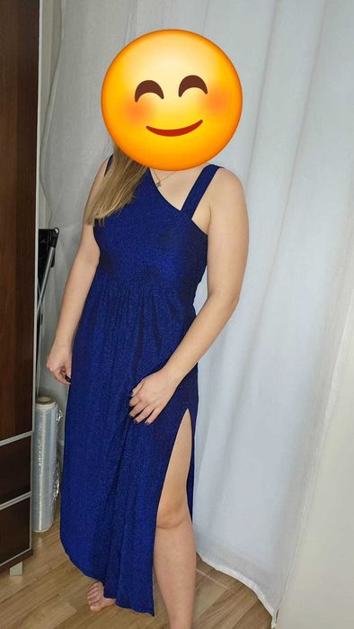 Niebieska sukienka maxi, błyszcząca sukienka, granatowa