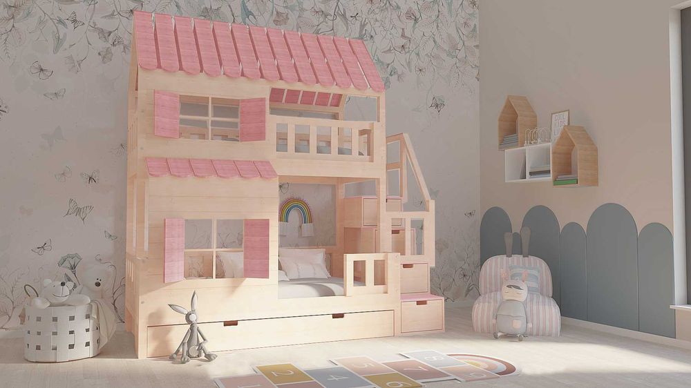 Łóżko piętrowe domek ze schodami