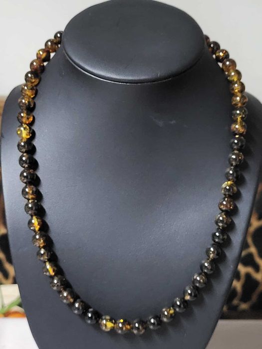 Korale bursztynowe, nowe, bursztyn bałtycki, bagienna zieleń