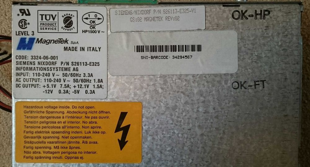 PSU para clone de IBM PC 5150, ou XT 5160 fonte de alimentação SIEMENS NIXDORF MAGNETEK
