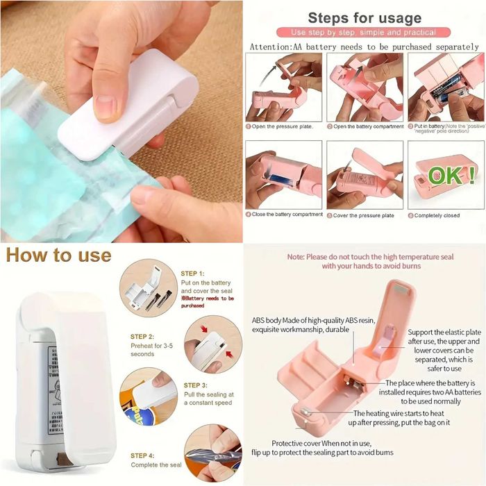 Seladoras de sacos mini. Dois modelos. A pilhas ou USB. Novas.