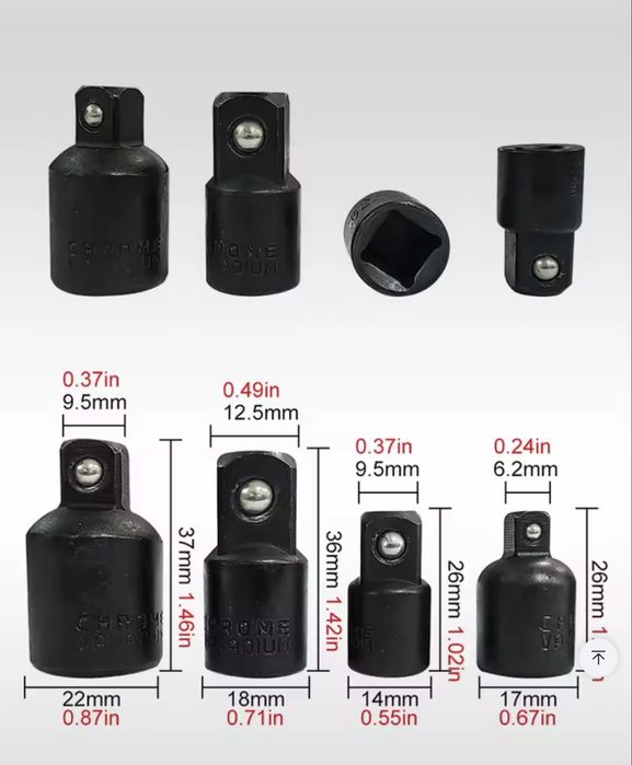 Нобор 4шт адаптерів ударних перехідників гайковерт трещотка1/4 3/8 1/2