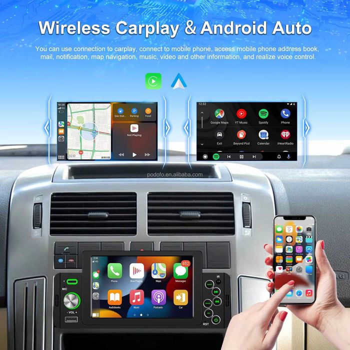 Rádio 1DIN | Ecrã 5" HD | CarPlay & Android Auto WIRELESS | Universal