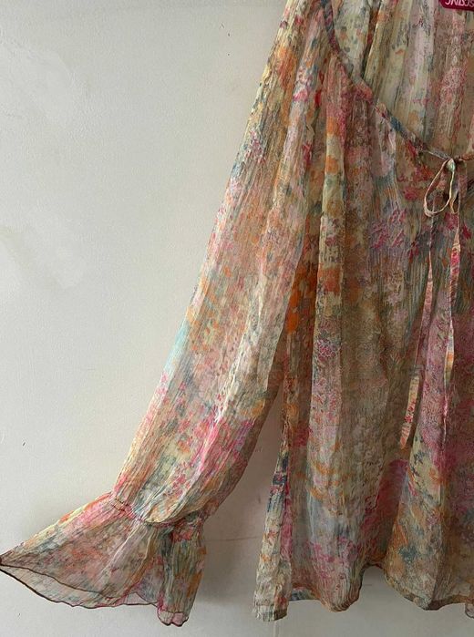 Boho styl bluzka roz. M 38 tiul piękny wzór odcienie różu zwiewna