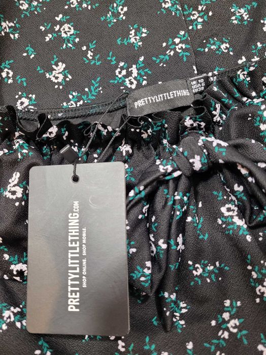 Nowa czarna mini sukienka 36,S/38,M PrettyLittleThing kwiatki bufki