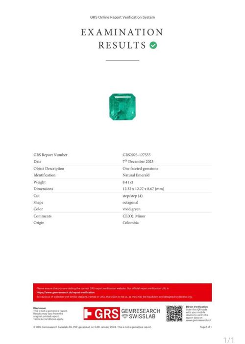 Каблучка з Смарагдом 8,41ct. GRS
