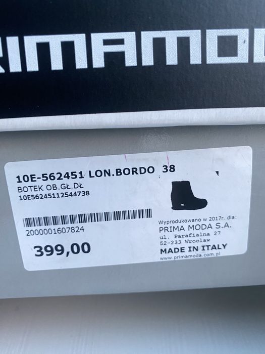 Bordowe botki Primamoda 38