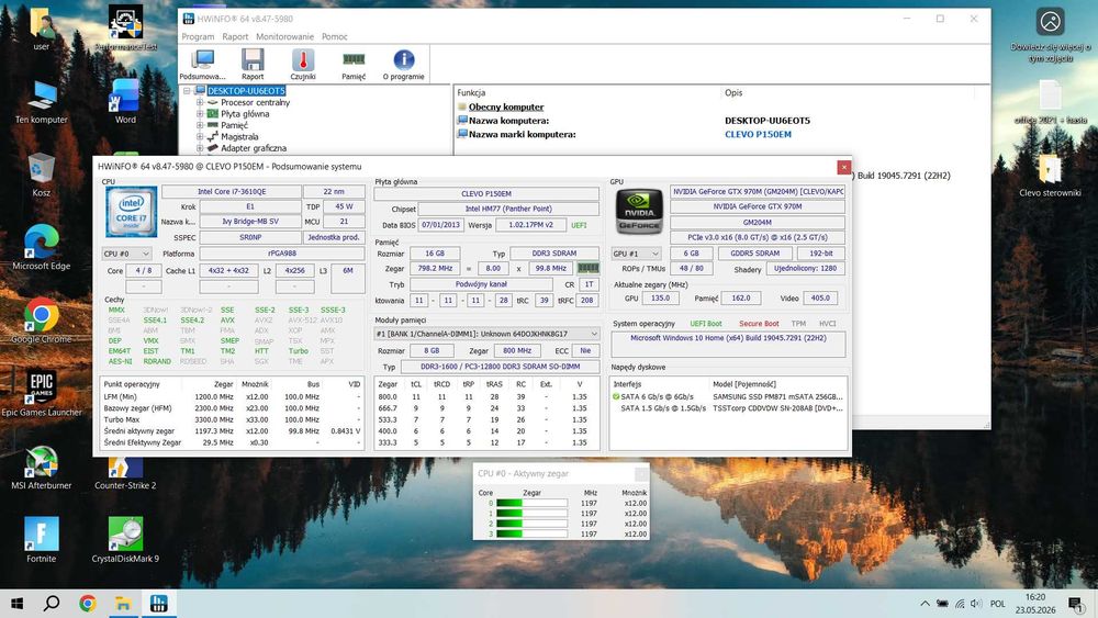 Laptop Clevo P150EM 15" i7-3610 / 16GB / SSD 256GB / Win 10 + Office 2021