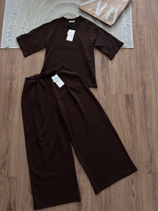 Czekoladowy komplet top i spodnie z rozszerzaną nogawką Zara M/L