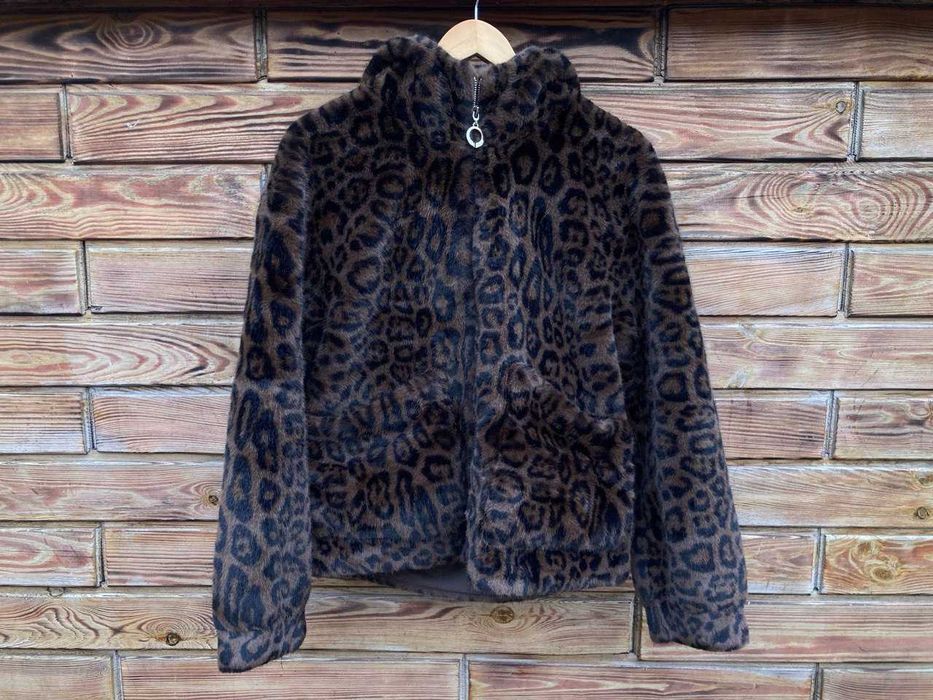 Жіноча леопардова шуба з капюшоном на ОГ 95-102 см Зимова підтримка