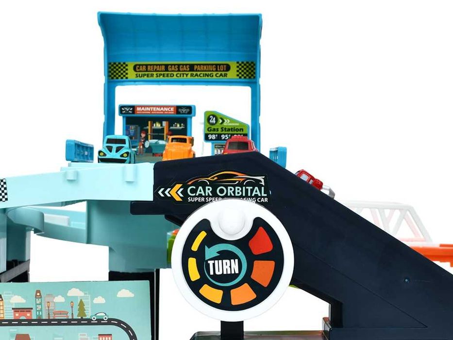 Великий ігровий набір 2в1: паркінг+трек (кермо, трек, ліфт, 6 машинок)