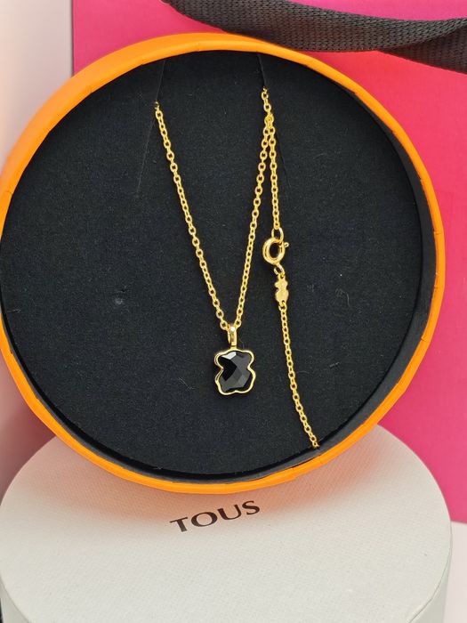 Naszyjnik z misiem żółte srebro vermeil 925 z onyksem