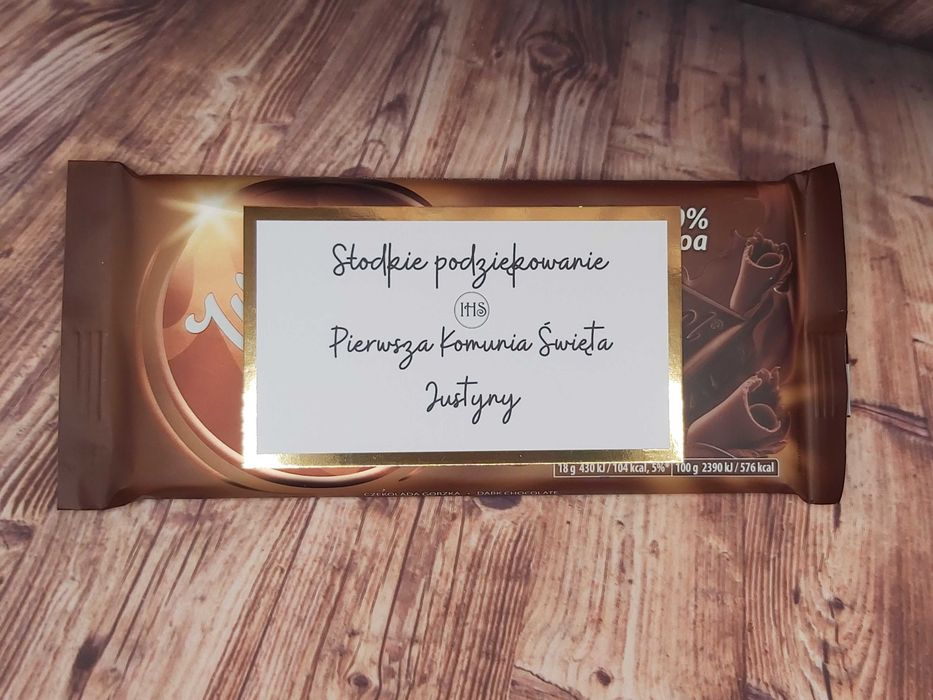 Naklejka na czekoladę - złota ramka - prostokątna I Komunia Święta