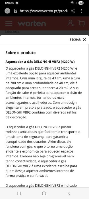 Aquecedor a gás para áreas grandes da Delonghi com botija e redutor