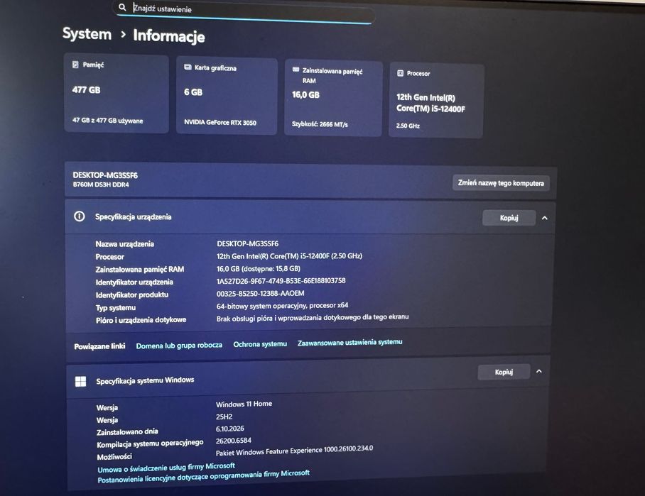 Mocny zestaw Gamingowy i5-12400F, RTX 3050 6GB + Samsung Odyssey 24”