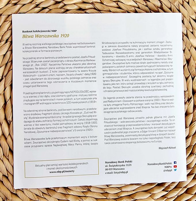 20zł banknot BITWA WARSZAWSKA 1920 NISKI NR 12287 + folder gratis