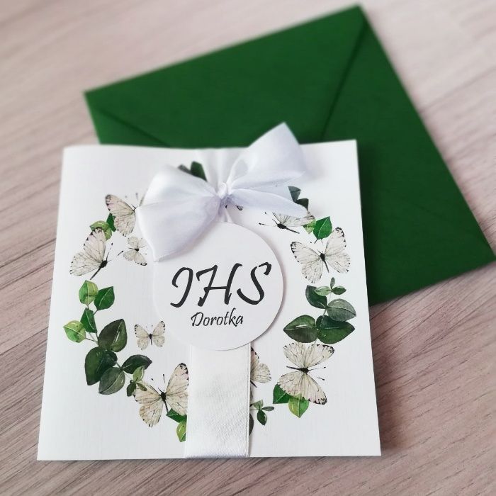 Zaproszenia na I Komunię Świętą Wianuszek z motylami