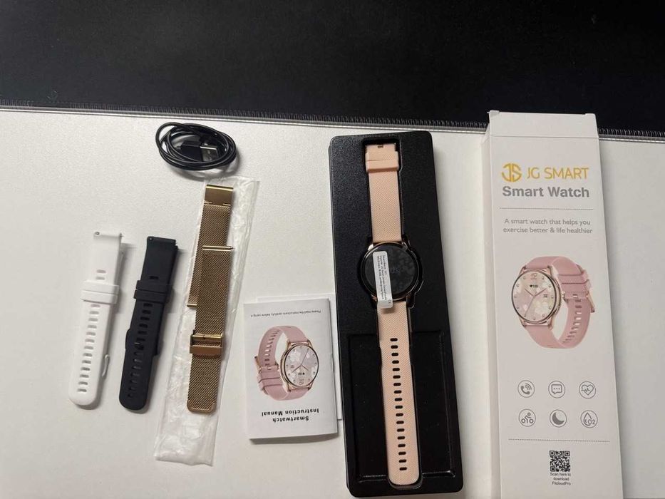 Elegancki Smartwatch Damski JG Smart AMOLED – Nowy, Kompletny Zestaw (4 Paski)