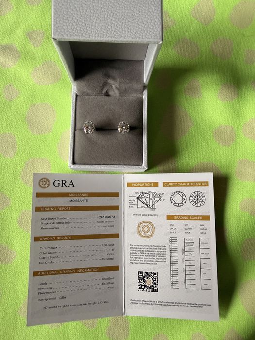 Srebrne 925 Kolczyki sztyfty diamenty Moissanite 1 ct 6,5 mm GRA