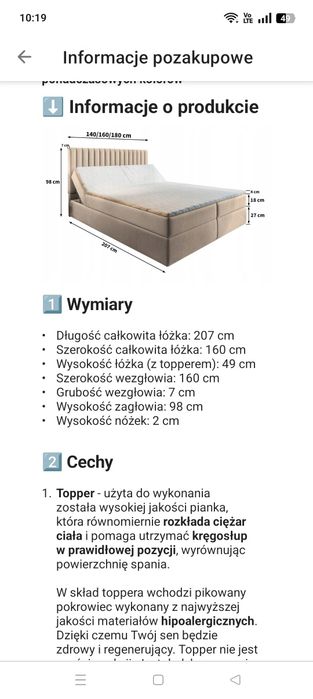 Łóżko kontynentalne 160
