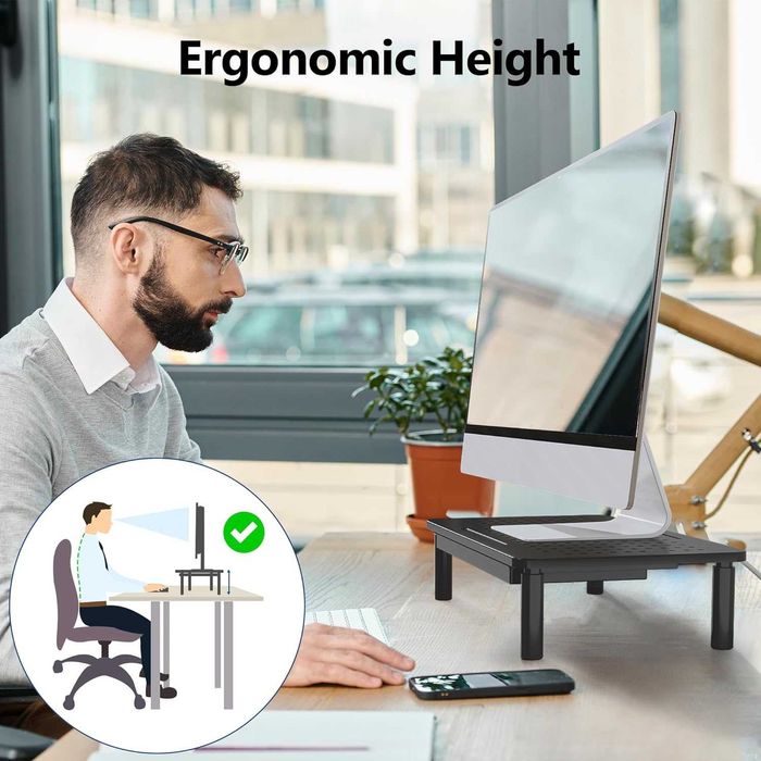 BONTEC Regulowany Stojak na Monitor z Szufladą, Podstawka do Laptopa