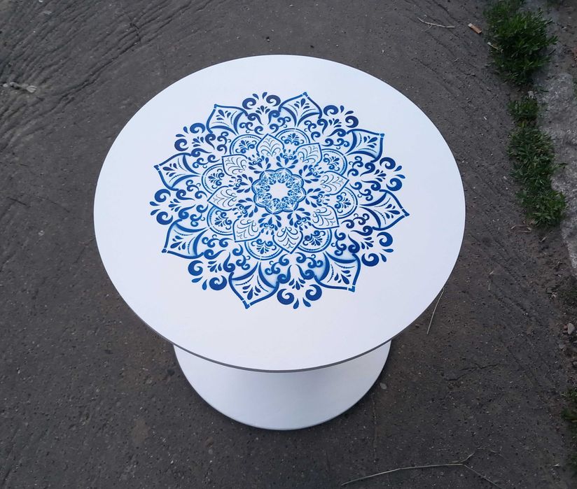 Oryginalny stolik ze szpuli drewnianej mandala śr.40 wys.39,5cm RĘKODZIEŁO