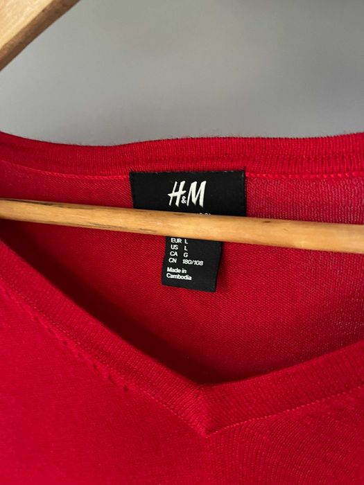 Czerwony męski sweter męski 100% wełna merino L marki H&M