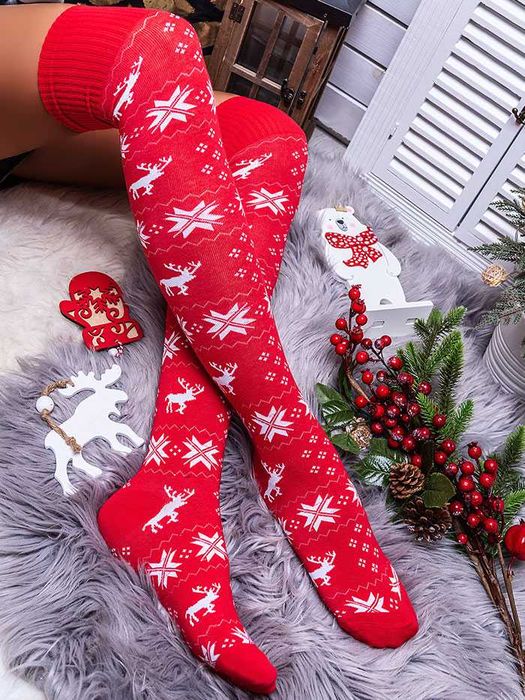 Zakolanówki świąteczne z motywem renifera i gwiazdkami czerwone 35-38
