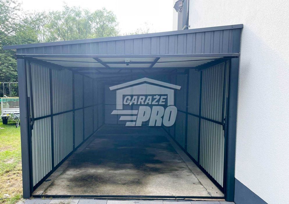 Garaż blaszany 3x9 2x Brama uchylna + antracyt  spad w bok GP191