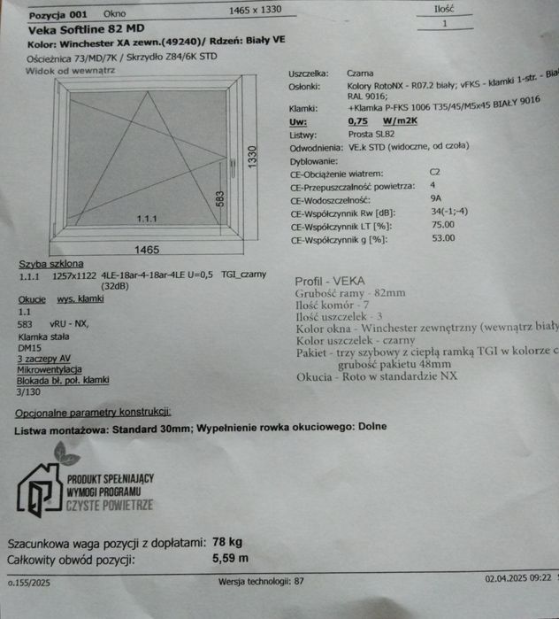 Sprzedam okno 1465x1330