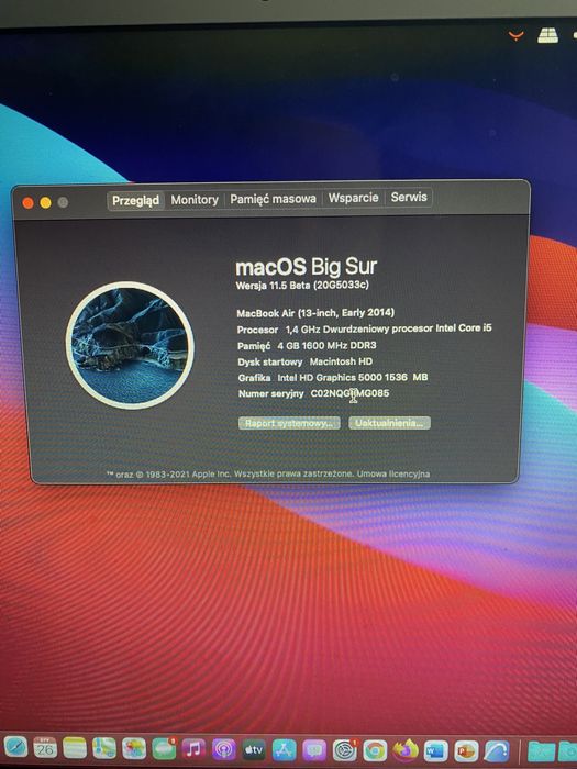 Komputer Laptop Macbook Air 2014 i5 4Gb 120gb ssd 13,3 bateria do wymi