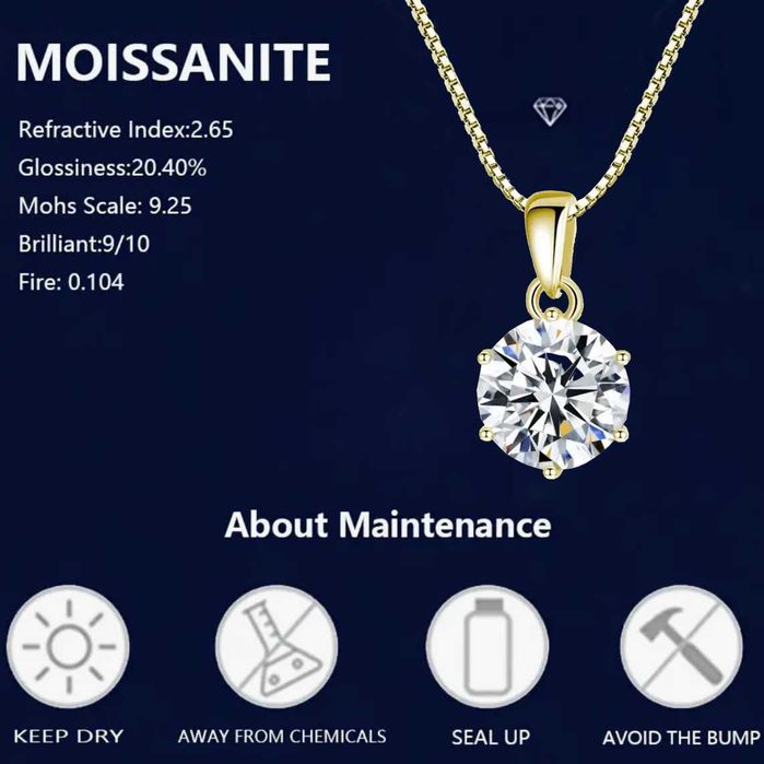 Колье с муассанитом: цепочка + кулон, подвеска серебро 925 в позолоте